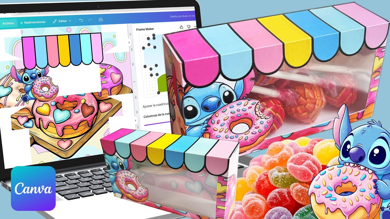 Como hacer CAJITA SOUVENIR para DULCES MULTICOLOR con VISOR  en A4 con Canva GRATUITO paso a paso