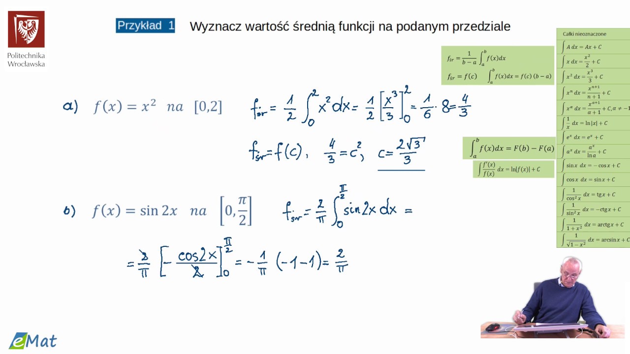 odc. 38  Wartość średnia funcji; Twierdzenie (całkowe) o wartości średniej funkcji
