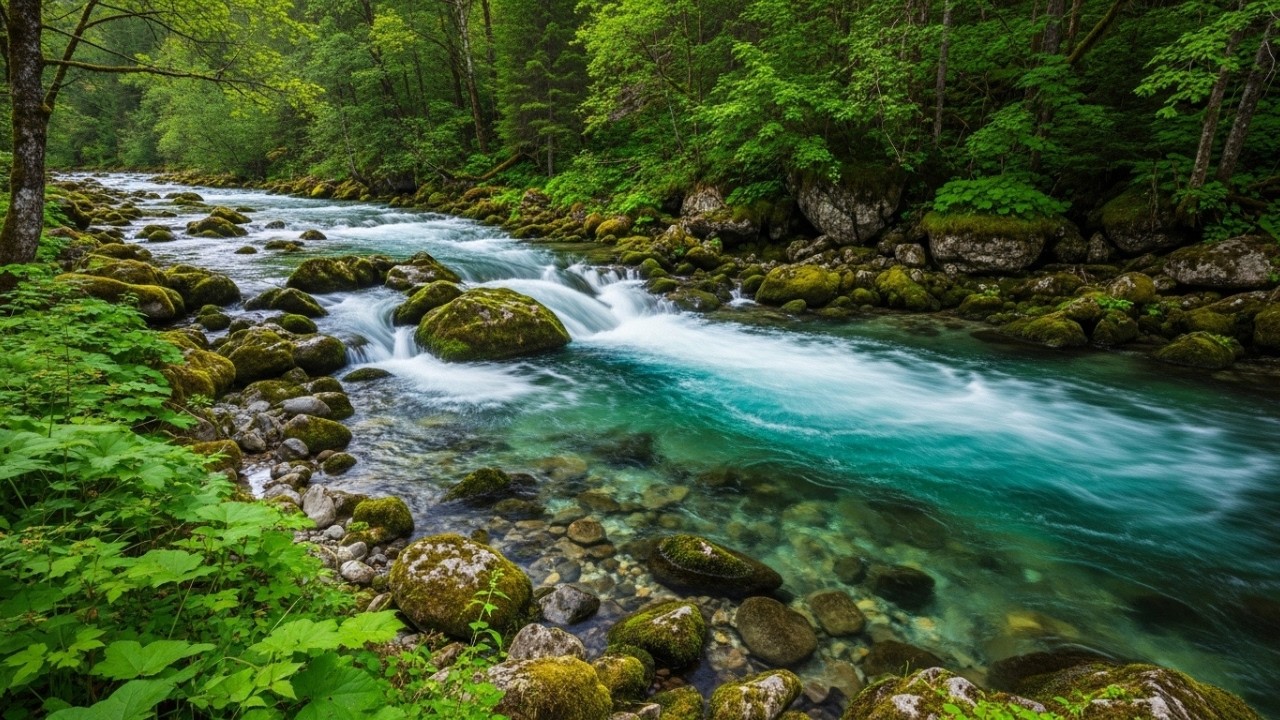 Crystal Clear River in Lush Rainforest | Natural White Noise