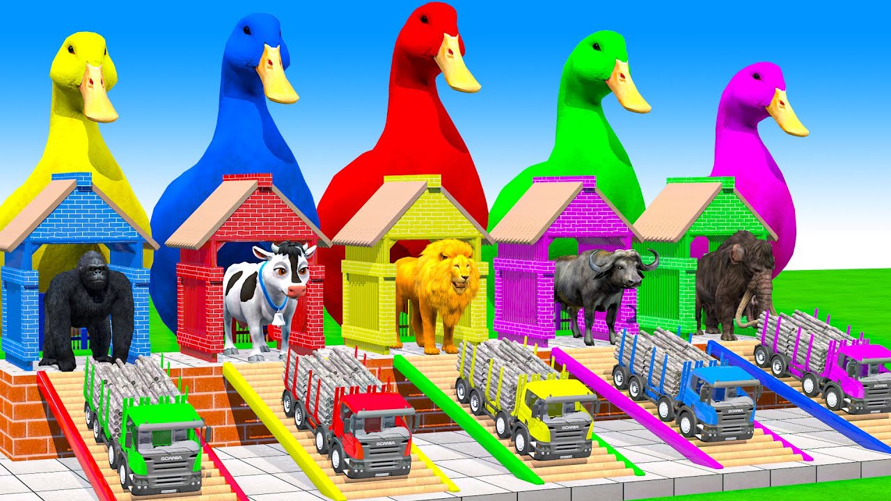 Long Slide Game With Cow Elephant Gorilla Hippopotamus Tiger - 3d Animal Game - Funny 3d Animals