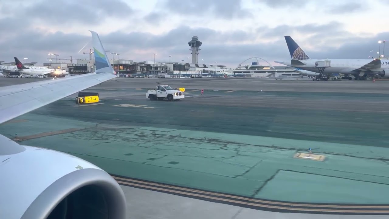 Beautiful Sunrise Alaska 737-900ER Engine Start, Taxi, and Takeoff from Los Angeles