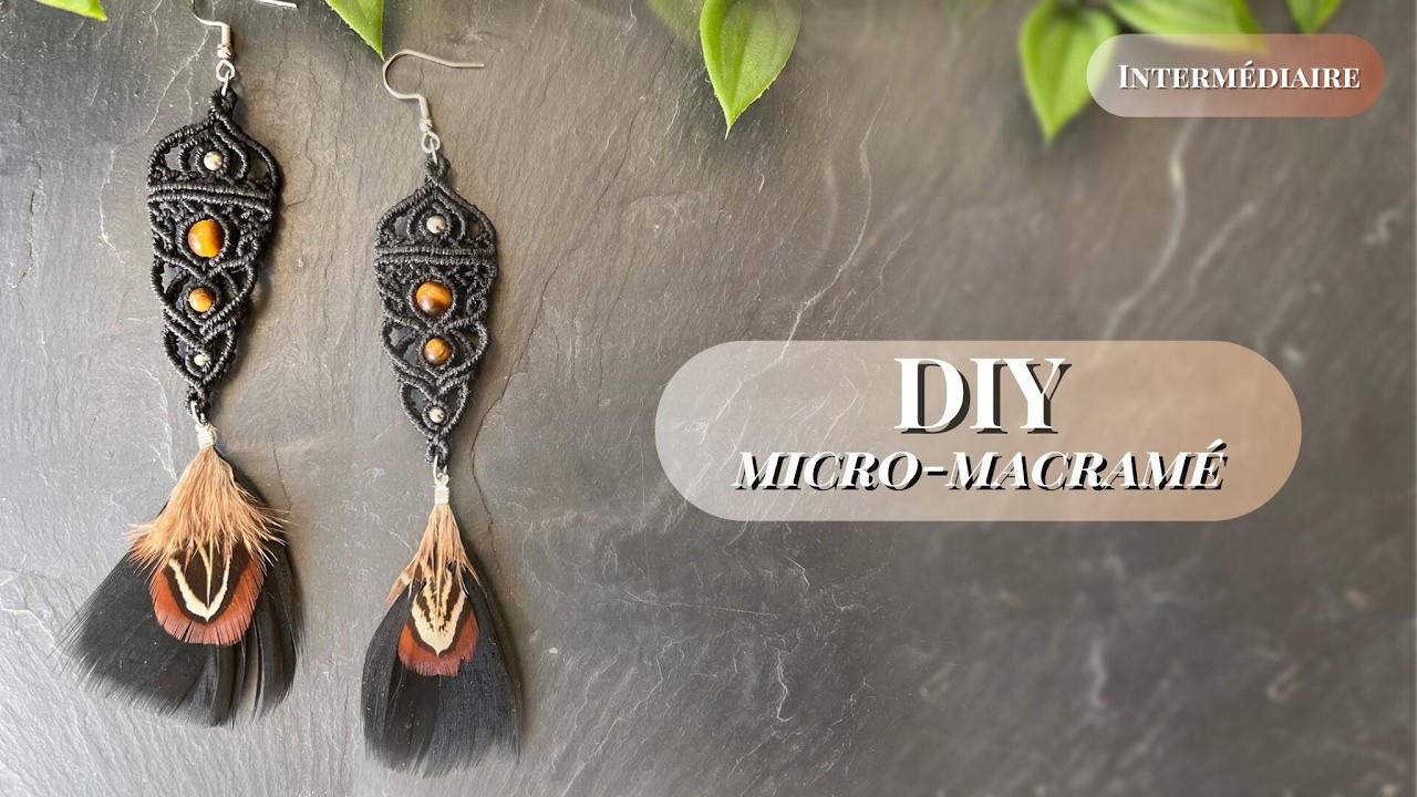 Boucles d’oreilles en micro-macramé avec œil de tigre 🪶 Style bohème #micromacrame #earringstutorial