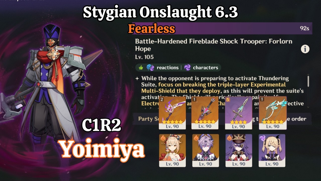 【Stygian Onslaught 6.3】C1R2 Yoimiya vs Shocktrooper in 92s - No second shield phase