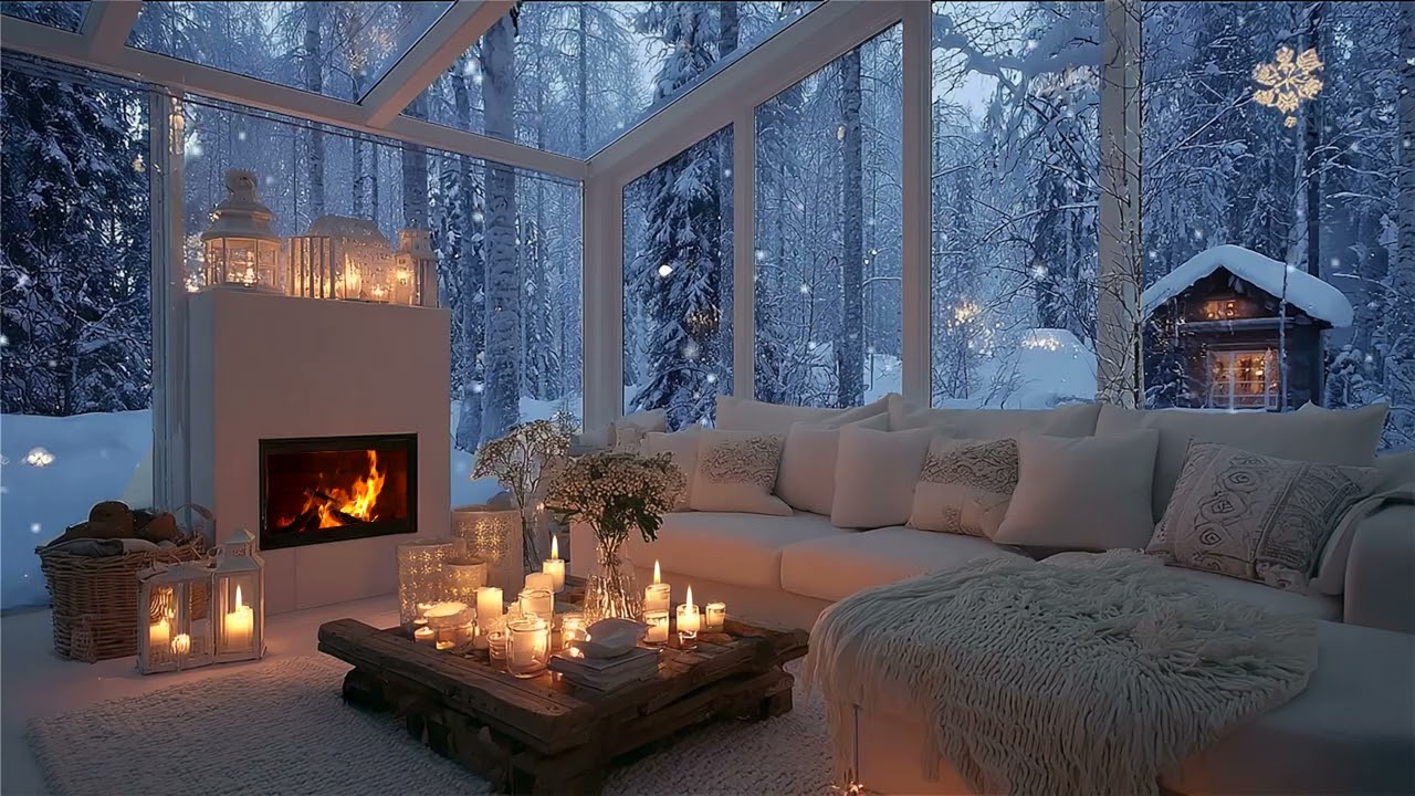 🌷❄️ Soft Winter Piano Vibes | Snowfall Outside Warm Fireplace Room | 4 Hours Focus & Stress Free