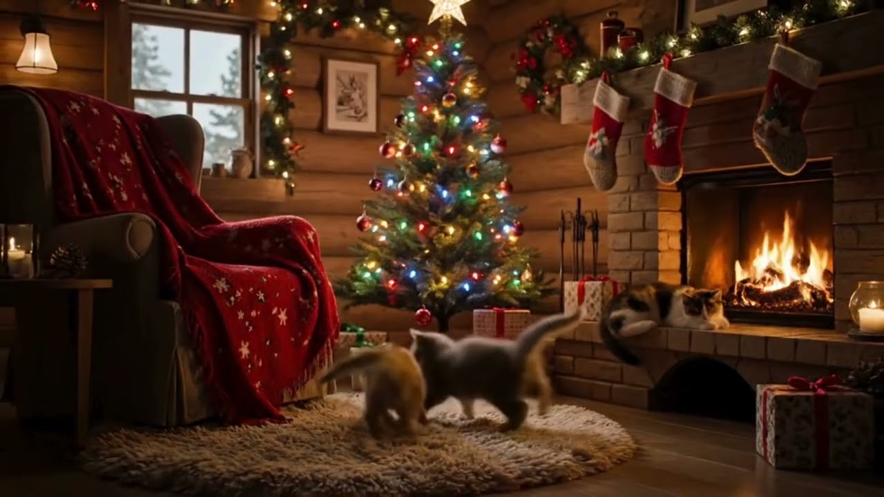 ✨ your kittens are playing by warm fire place while one sleeps | fire crackling and cat purrs asmr 