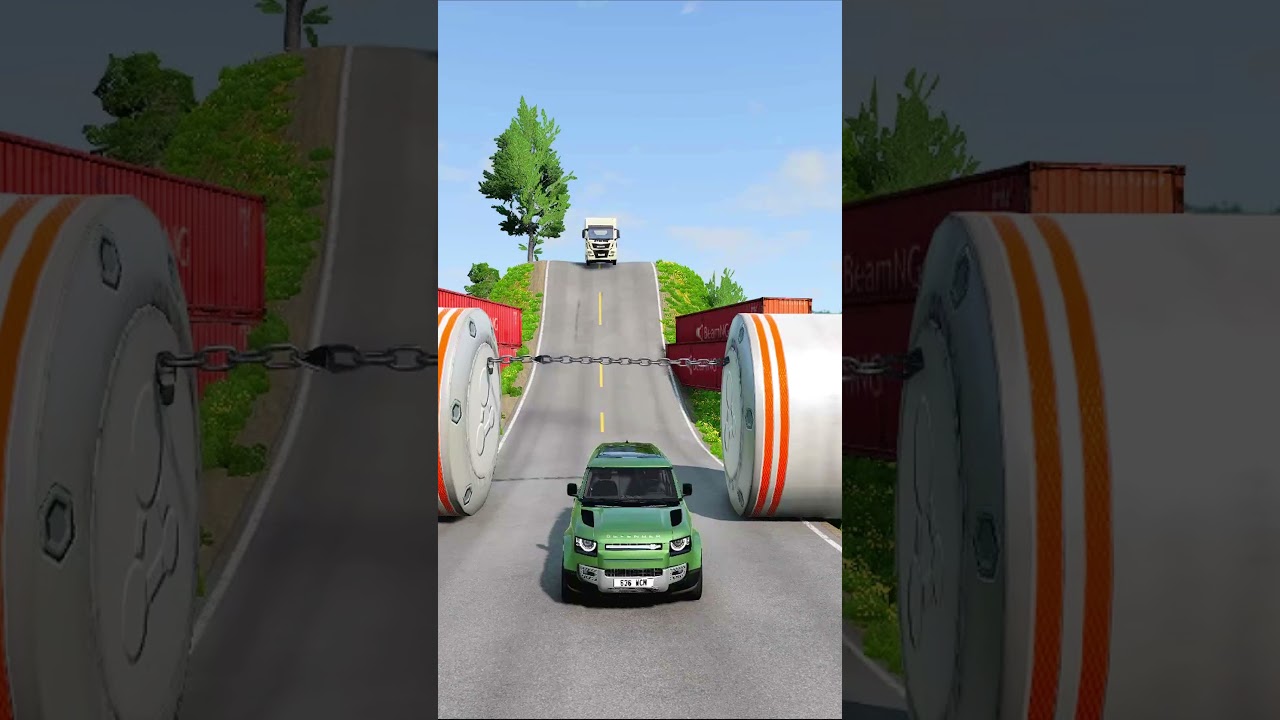 Cars vs Chain  & Giant 2 Bollards Crash BeamNG Drive