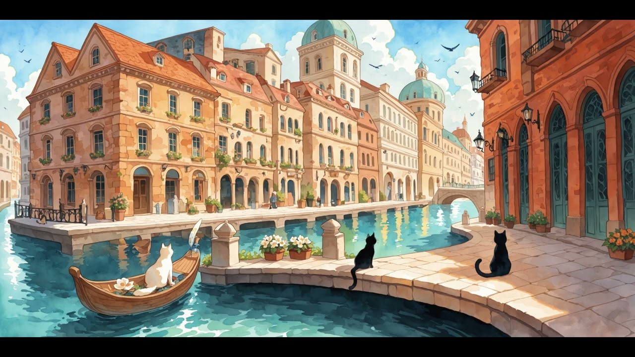 【作業用BGM】黒猫たちの運河 - 眠りから覚める町 | Canal of Black Cats - Relaxing Anime Lofi for Study & Focus