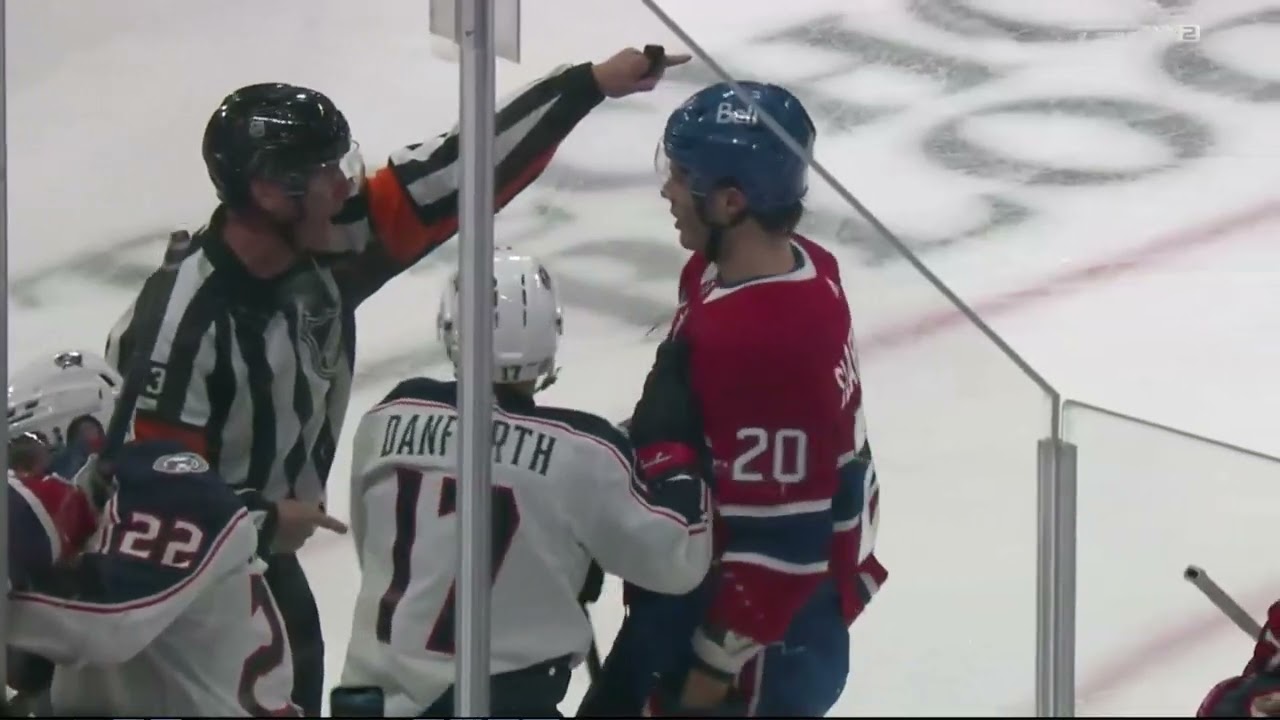 Big hit from Cole Sillinger on Alex Newhook causes scrum in Blue Jackets vs Canadiens game