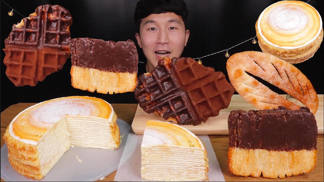 [SUB]롤링핀 카라메 크레이프 케이크 , 초콜릿 크로플 먹방 (Caramel crepe cake, chocolate croissant waffles)#MUKBANG