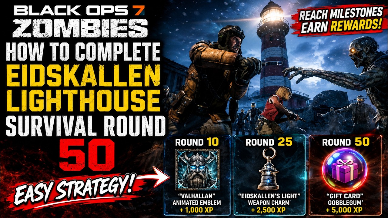 Black Ops 7 Zombies: EASY Round 50 Eidskallen Lighthouse Survival Challenge Strategy! (All Rewards)