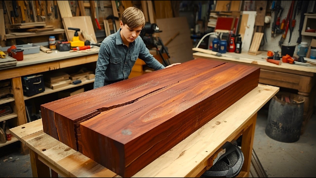 How Patch Cracked Red Wood Panel Massive Deformed to Dining Table