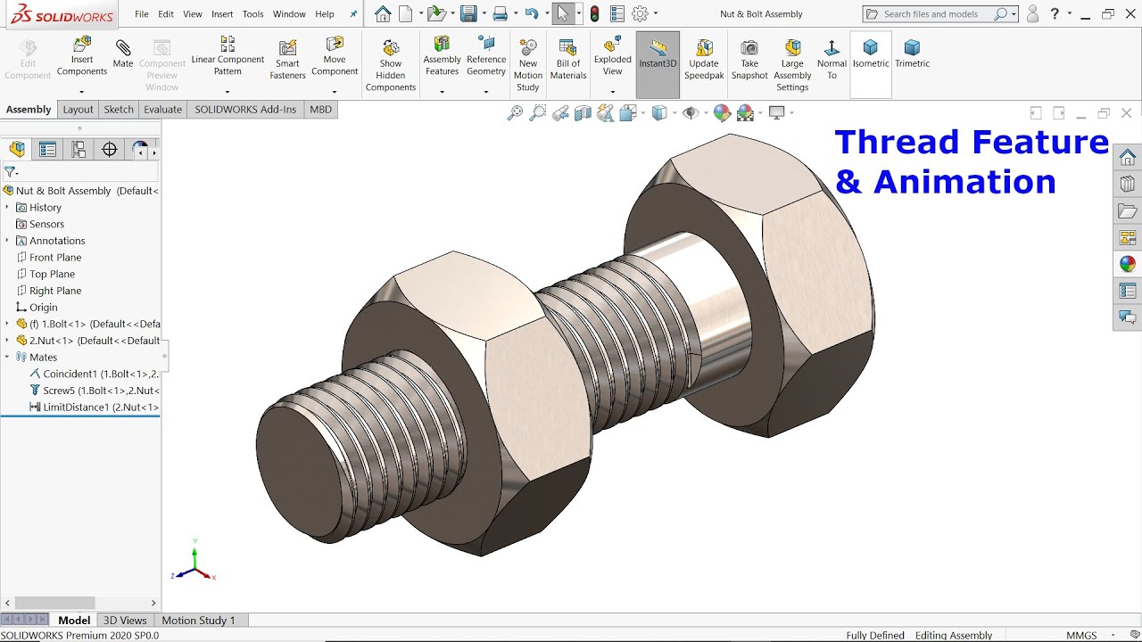 Solidworks Nut and Bolt, Thread Feature and Animation