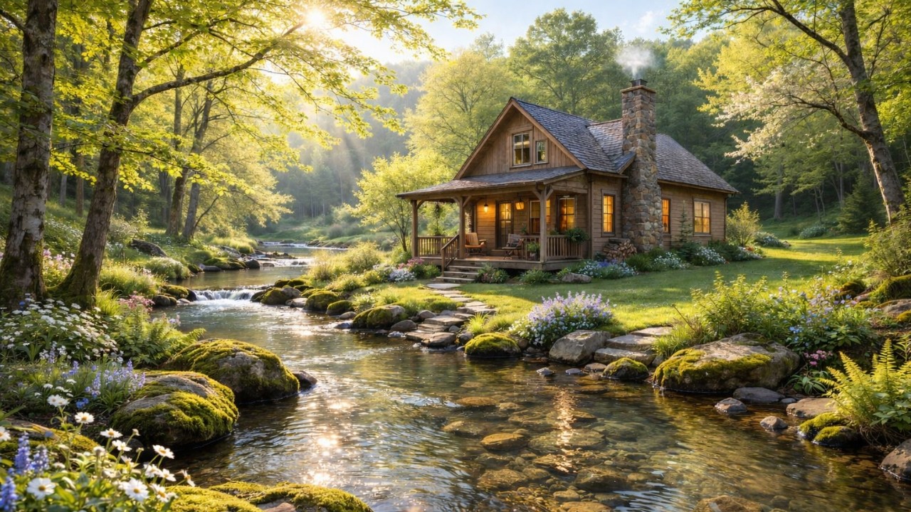 Peaceful Spring Cabin by the Creek 🌿 Soft Music, Flowing Water & Birds | Cozy Nature Ambience