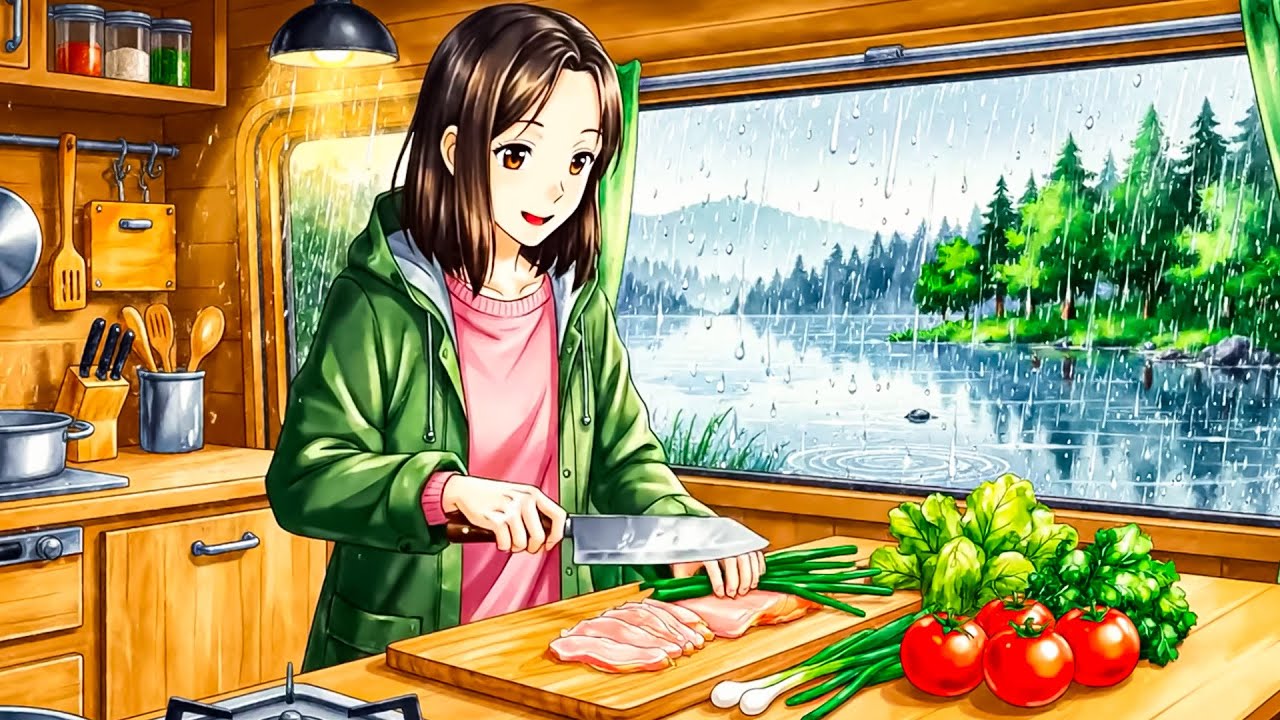 A Family's Rainy Day Road Trip Cozy Moments and Delicious Meals in a Camper Van / Ghibli-Style Video