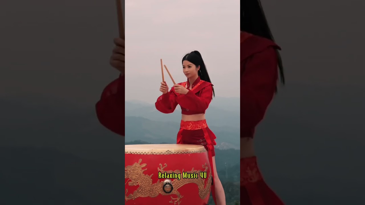 Beautiful china girl drums with free music in the mountain #relaxingmusic4u