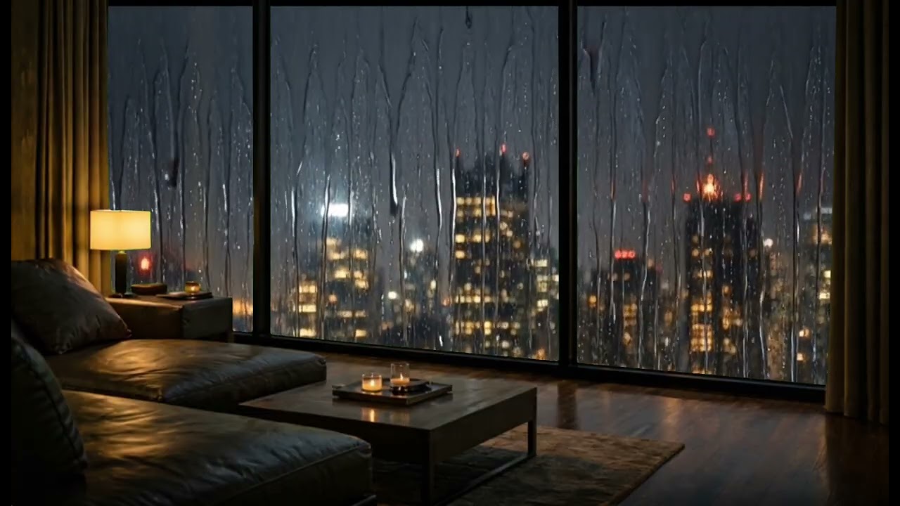 City Rain Cozy Apartment Ambience: Night Skyline & Candlelight | 2 Hours (4K)