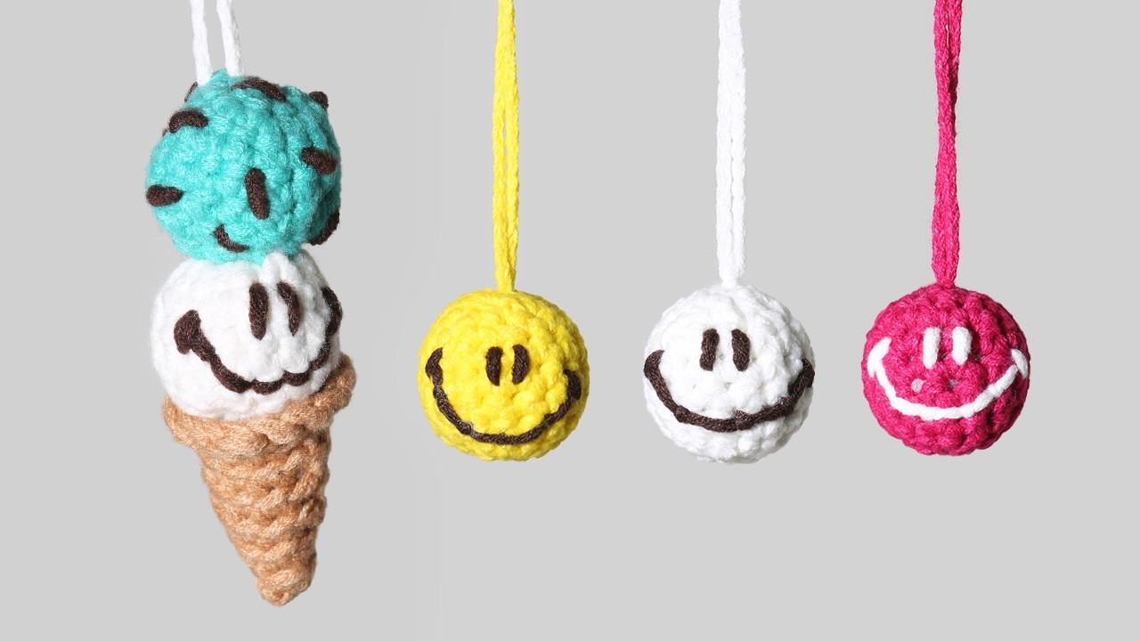 자투리실로 코바늘 키링 뜨기 아이스크림 스마일 / Crochet Smile Ice cream cone Keychain Pattern