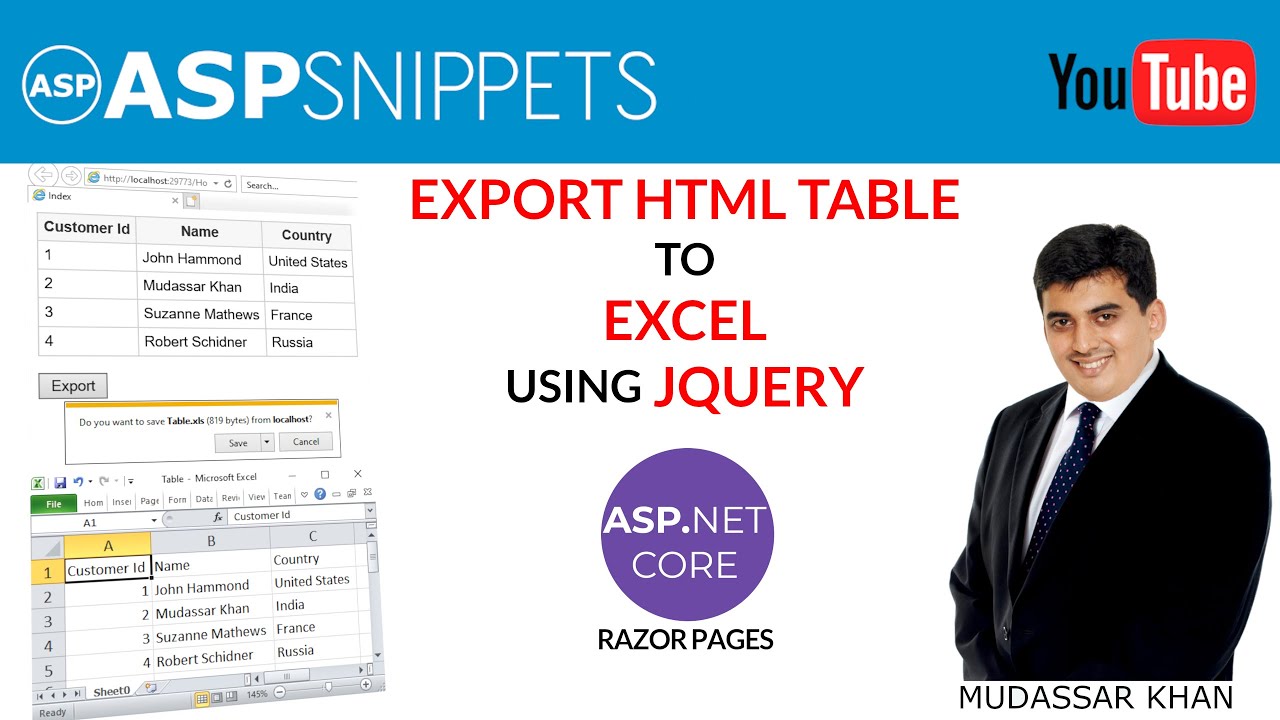 Export HTML Table to Excel using jQuery in ASP.Net Core Razor Pages