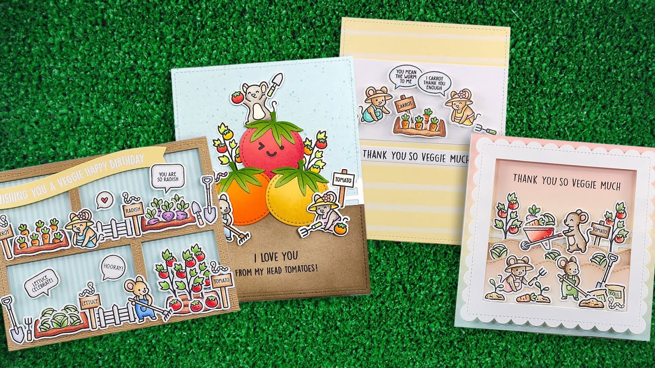 Intro to Veggie Happy & Little Farm Fence Border + four cards from start to finish