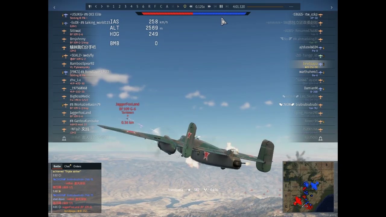 German Bf 109 Gustavs attacking a lone soviet bomber from front and behind {slow motion}