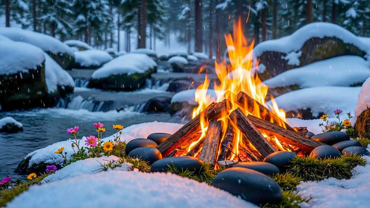Riverfront Fireside Retreat | Warm Light and Tranquil River Sounds for Relaxation ❄️🔥