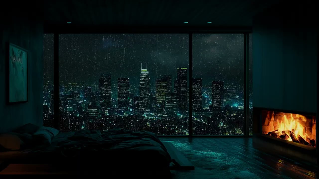 Rainy Night in a Cozy NYC Bedroom | Fireplace, Window Rain Sounds & Relaxing Ambience
