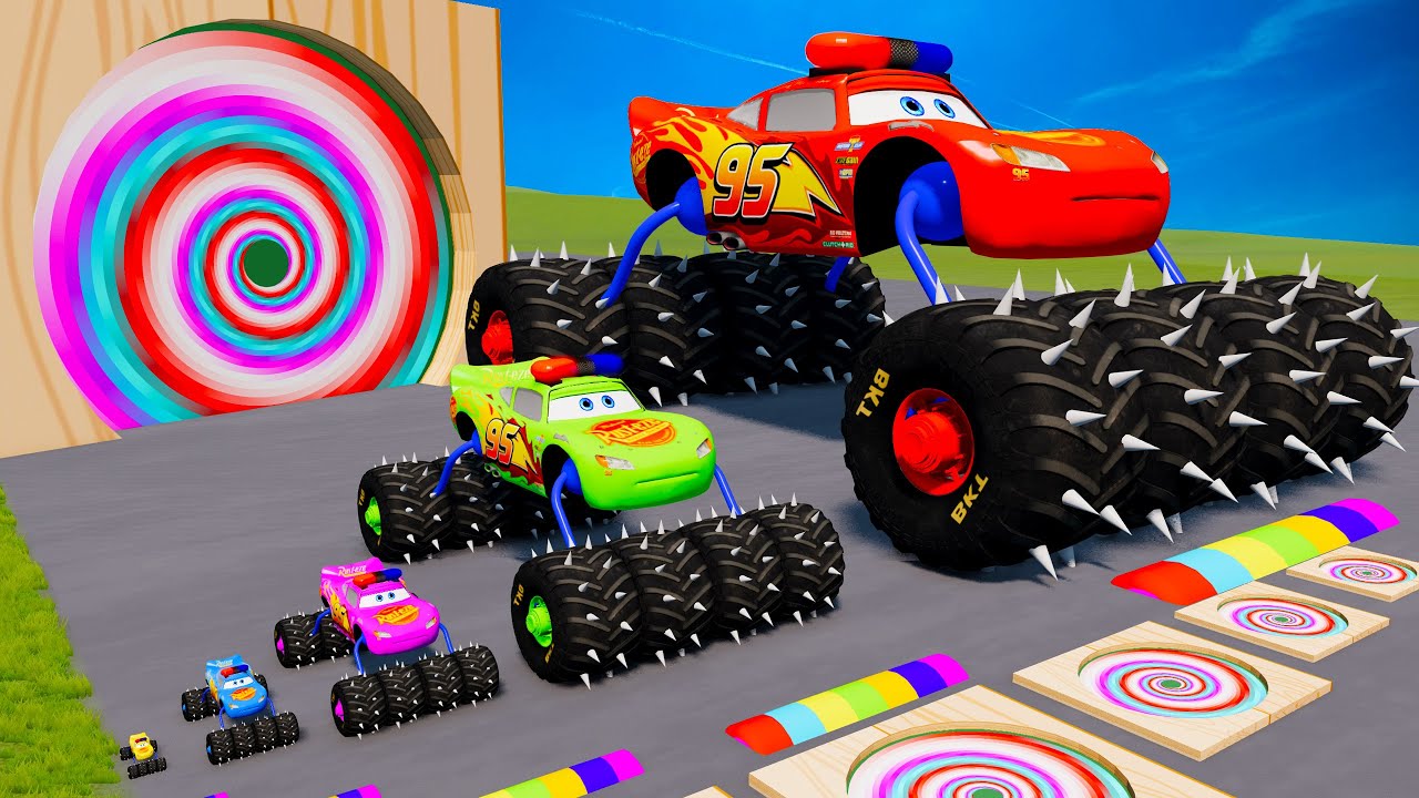 Big & Small Mcqueen Spider Police with Monster Truck wheels - Deep Lava vs Speedbumps - BeamNG.drive