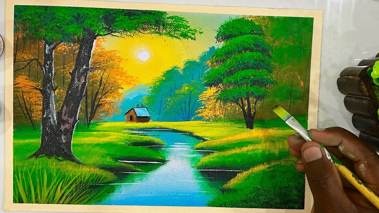 Morning Nature Painting | Landscape painting | Easy Painting ￼