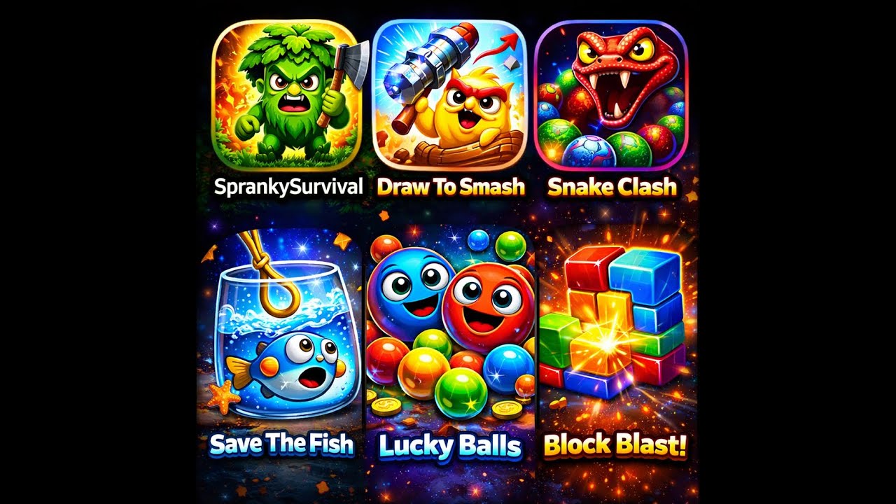 SprankySurvival,  Draw to Smash, Lucky Balls, Snake Clash, Block Blast, Save The Fish