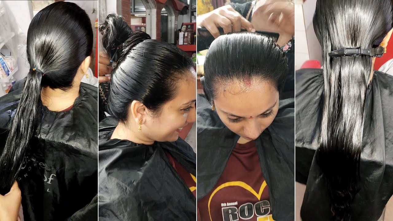 Salon sleek hair bun ponytail Salon clip hair heavily oiled sleek hair combing in salon Oiled bun