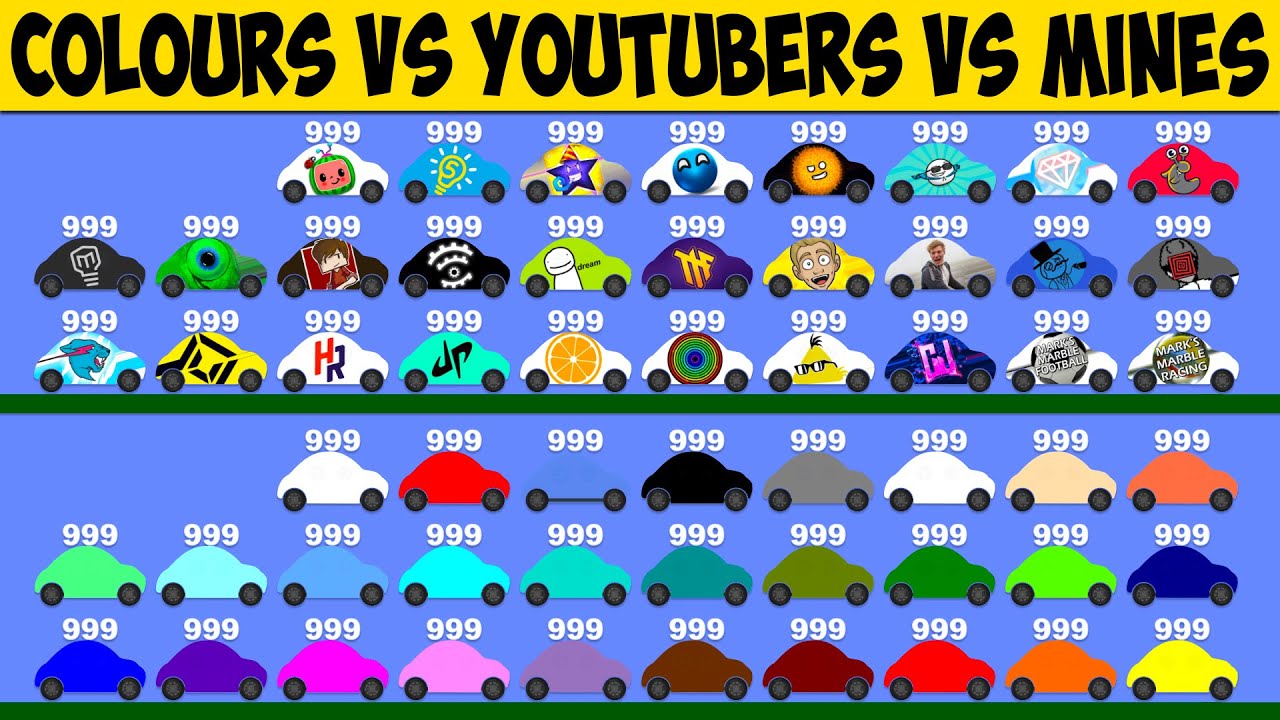 999 LIVES Colour Cars vs Youtubers vs Mines