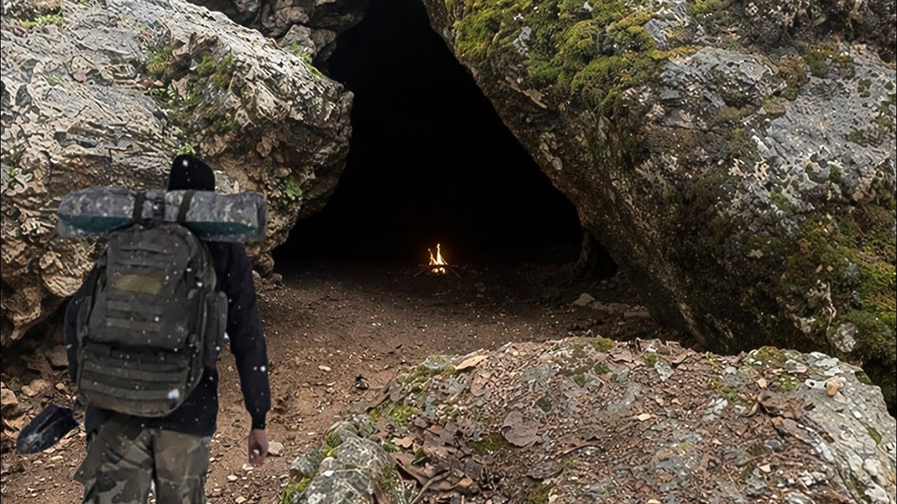 🔥No Escape from the Storm - Building a Shelter Under Giant Rocks