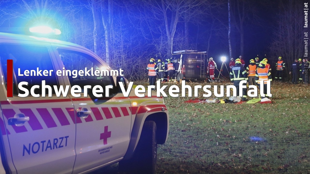 Lenker eingeklemmt: Kleintransporter bei Gunskirchen von Straße abgekommen und gegen Baum geprallt