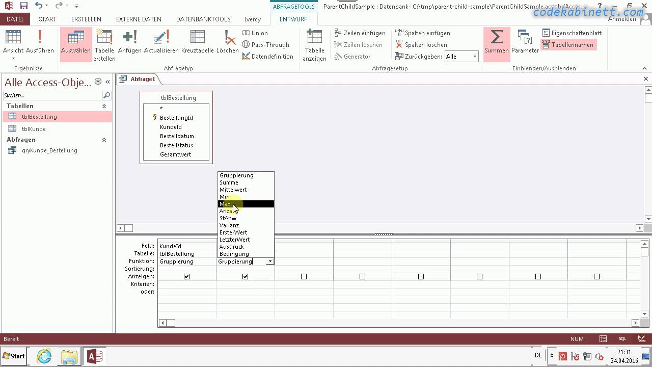 MS Access - Letzer Datensatz einer 1:N-Beziehung mit einer Auswahlabfrage