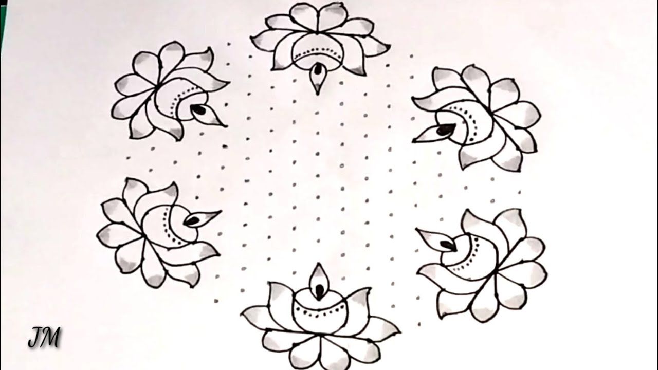 17*9 dots rangoli|simple flowers and deepam rangoli|easy chukkala muggu|BY JM CREATIONS