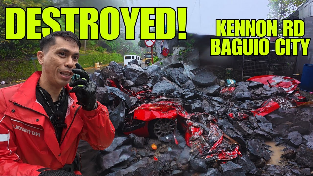 Kotseng Nabagsakan ng Malaking Bato sa Kennon Road Baguio