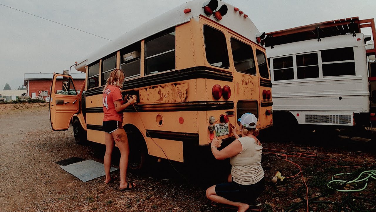 Sanding The Short Bus For Paint - Skoolie Conversion