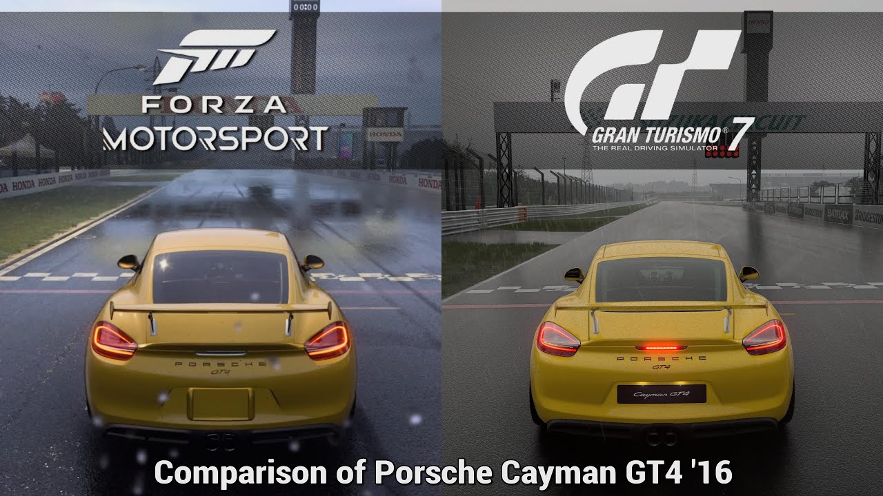 Gran Turismo 7 Vs Forza Motorsport: Porsche Cayman GT4 '16 - Comparison Mixed Rain [PS5/XSX]