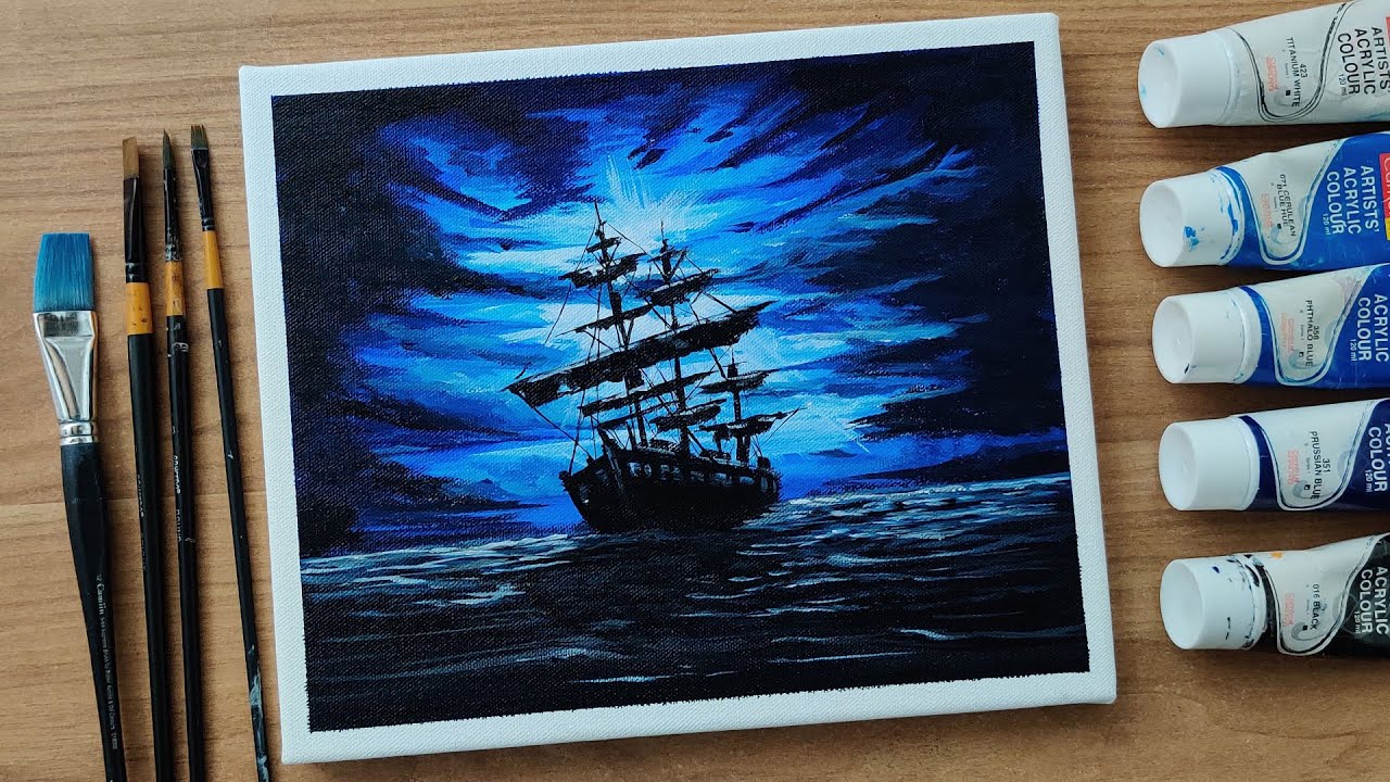 Monochrome #11 | Acrylic Painting Of Pirate Ship | Dramatic Clouds | Moonlight Sailor
