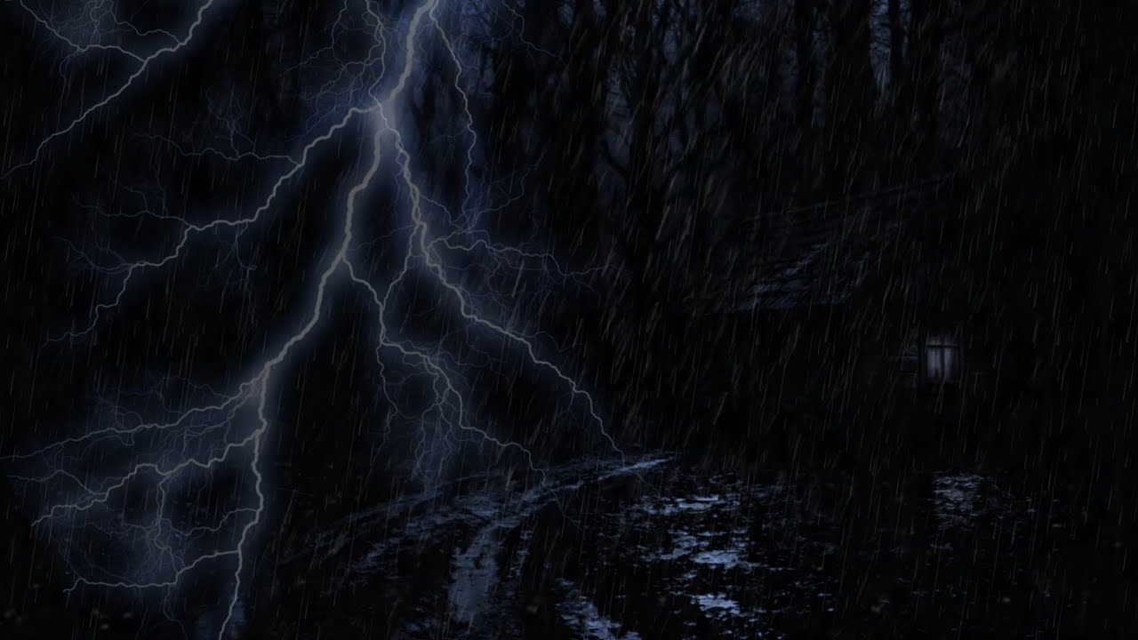 1 Hours of Mysterious Thunderstorms at Night  Rooftop of a Forest House  Natural Sleep Sounds
