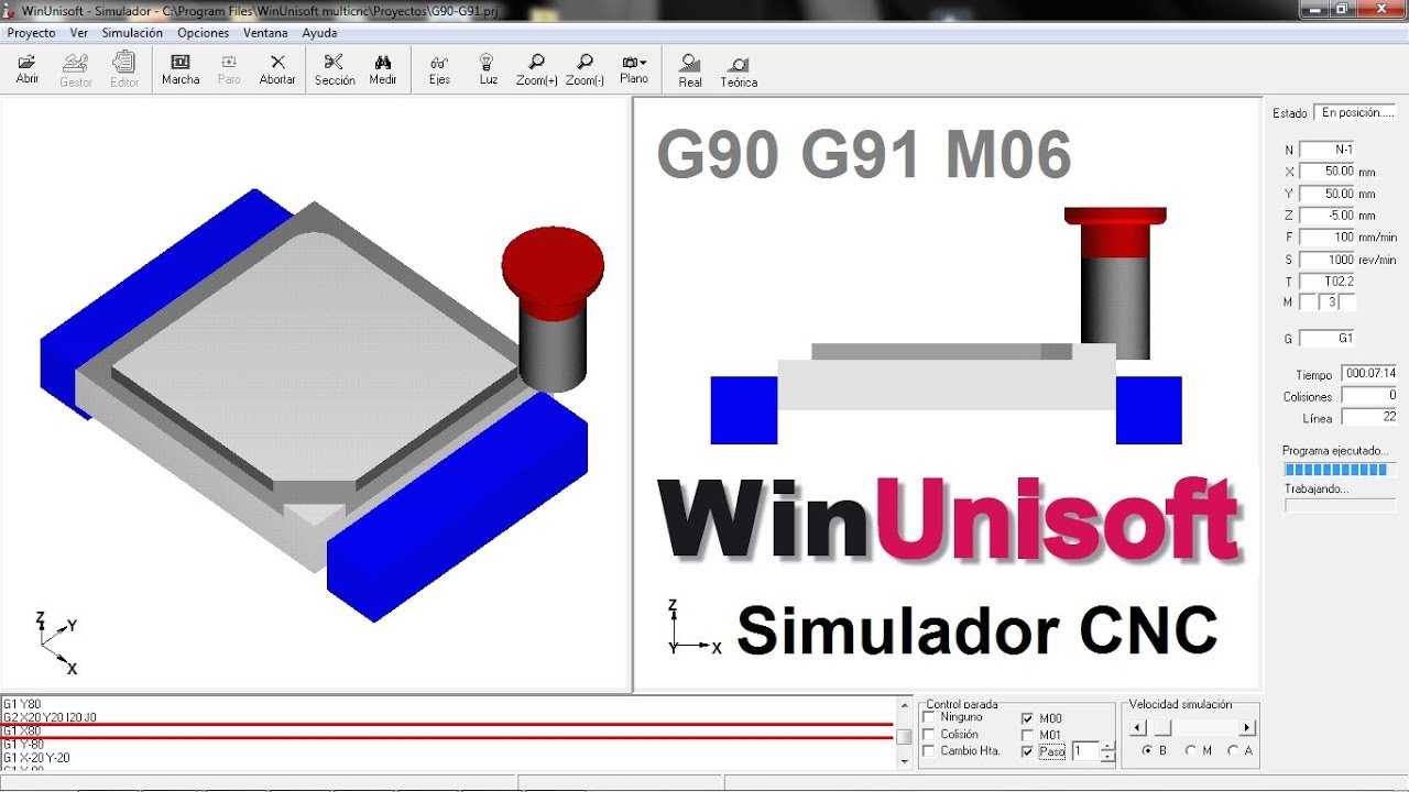Códigos G90 G91 M6 en WinUnisoft, simulador CNC