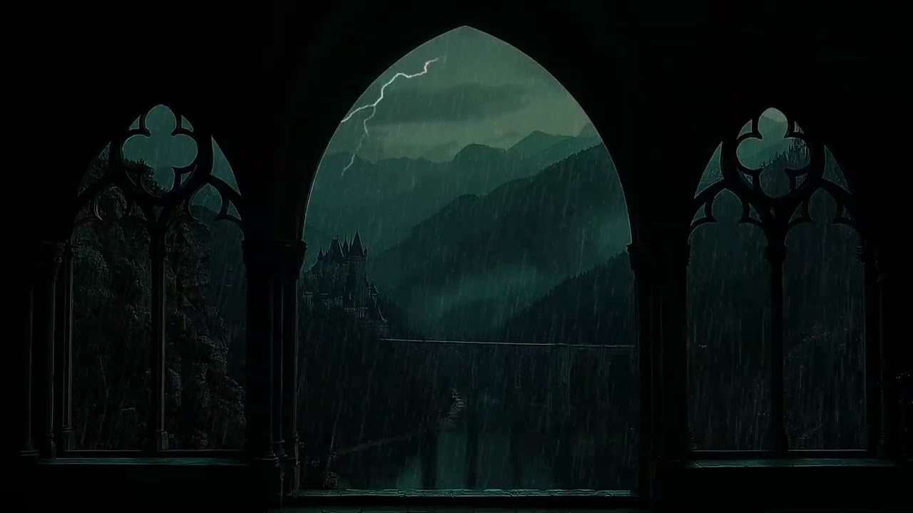 Medieval Castle Window 4K | Rainy Night View with Cozy Thunderstorm Sounds for Reading