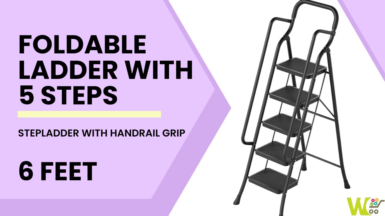 Foldable Metal Ladders for Home 5 Steps with Lock ,Handrail Grip for Construction, Max Load-150Kg