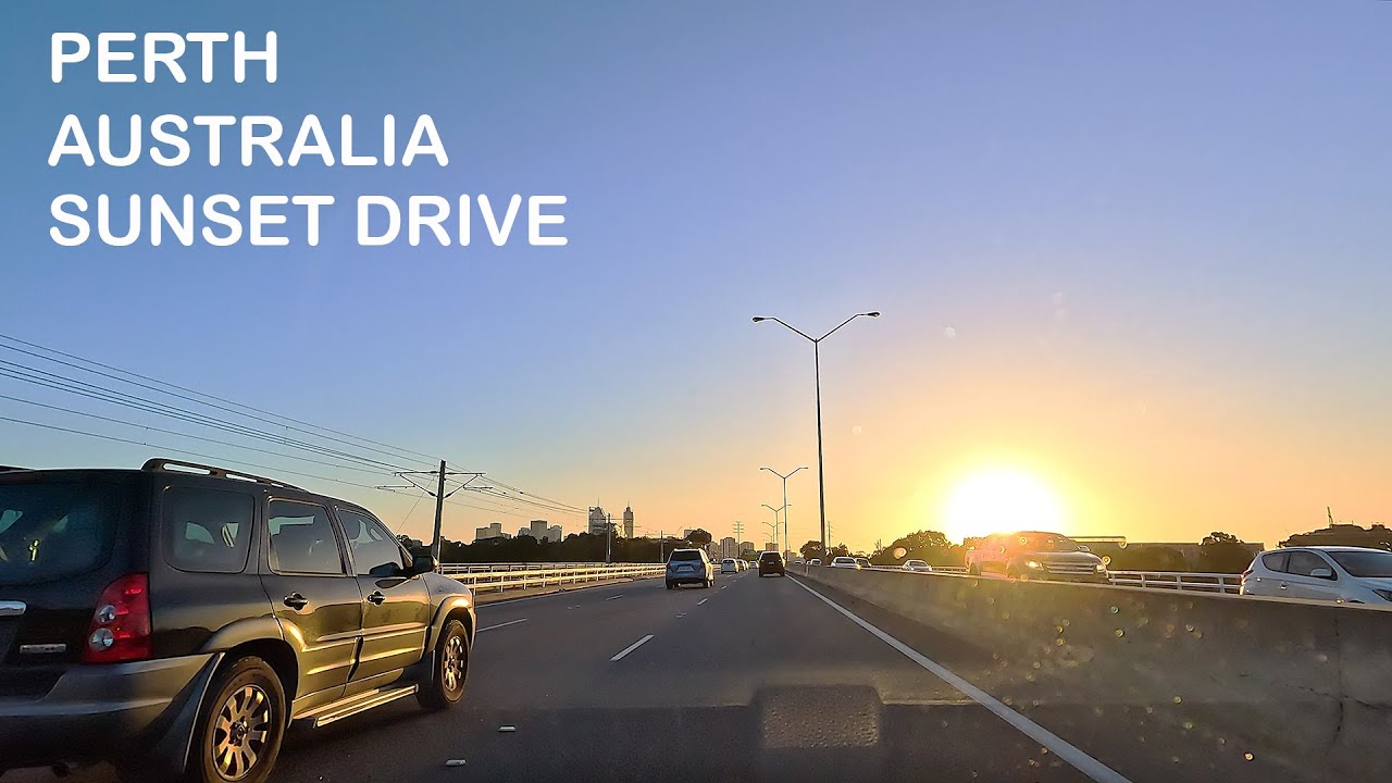 Driving to Scarborough Beach (Perth, Western Australia), sunset view