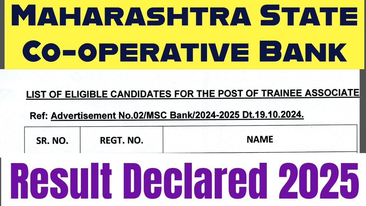 Maharashtra State Co-operative Bank Trainee Associates Result Declared. MSC Bank Merit List 2025.