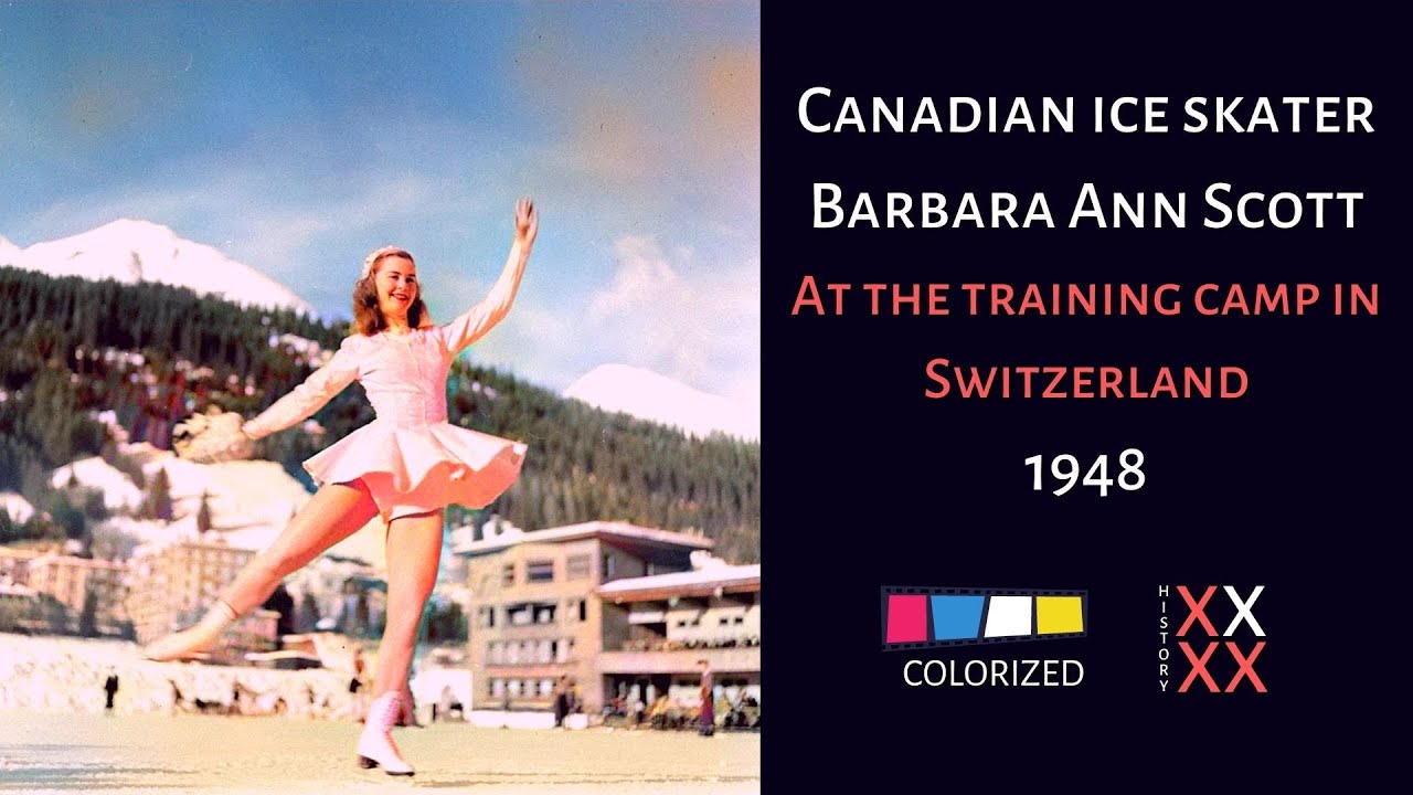 Canadian ice skater Barbara Ann Scott. At the training camp in Switzerland. 1948 (Colorized)
