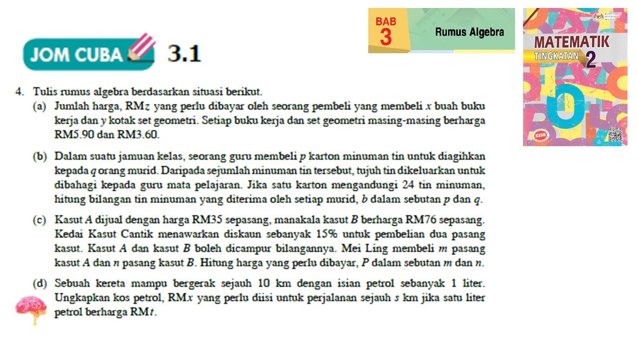 KSSM Matematik Tingkatan 2 Bab 3 rumus algebra jom cuba 3.1 no4 buku teks form2