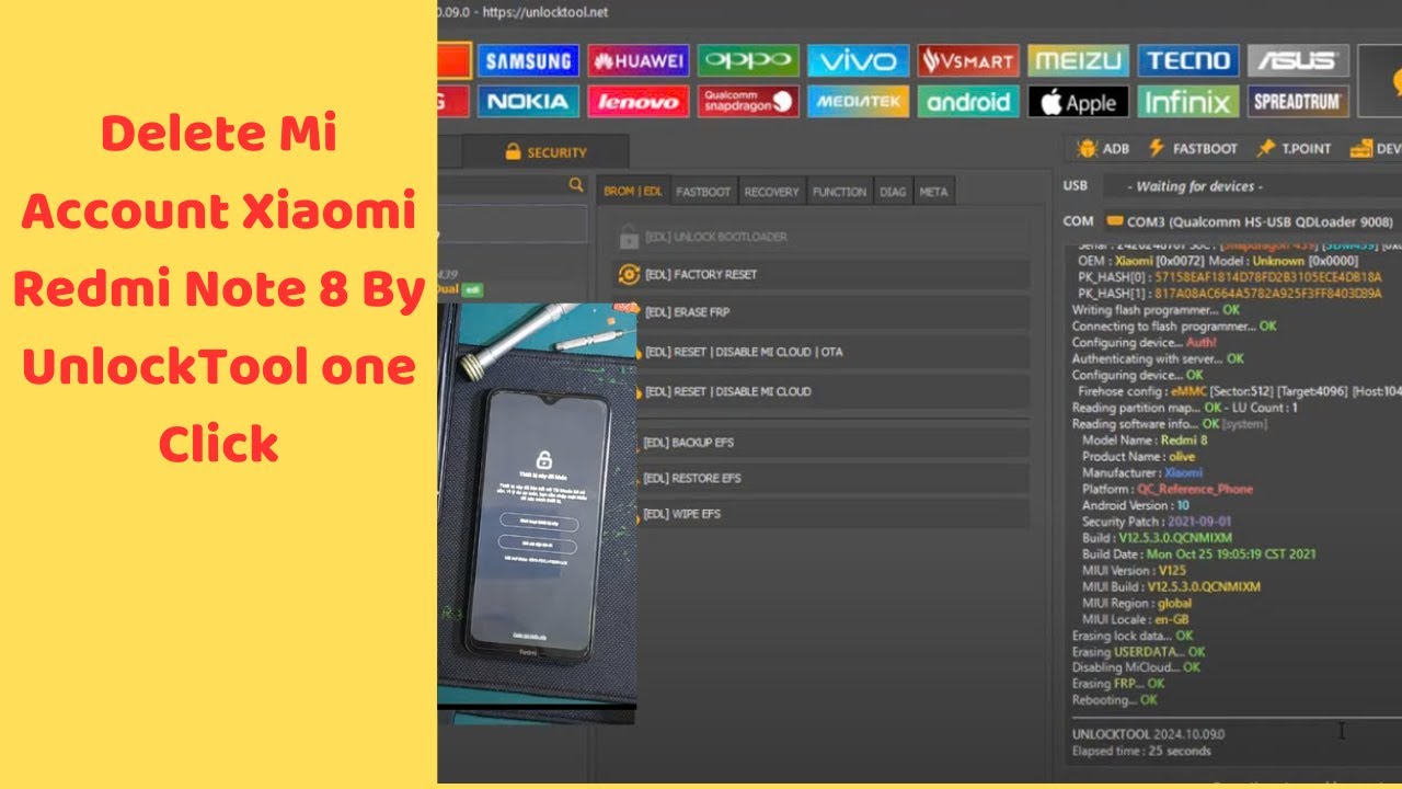 Delete Mi Account Xiaomi Redmi Note 8 By UnlockTool one Click