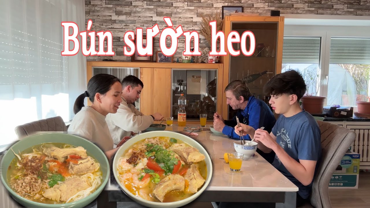 Ăn bún sườn heo, Ba cha con ăn sạch tô. Ẩm thực Việt Nam | Cuộc sống ở Đức