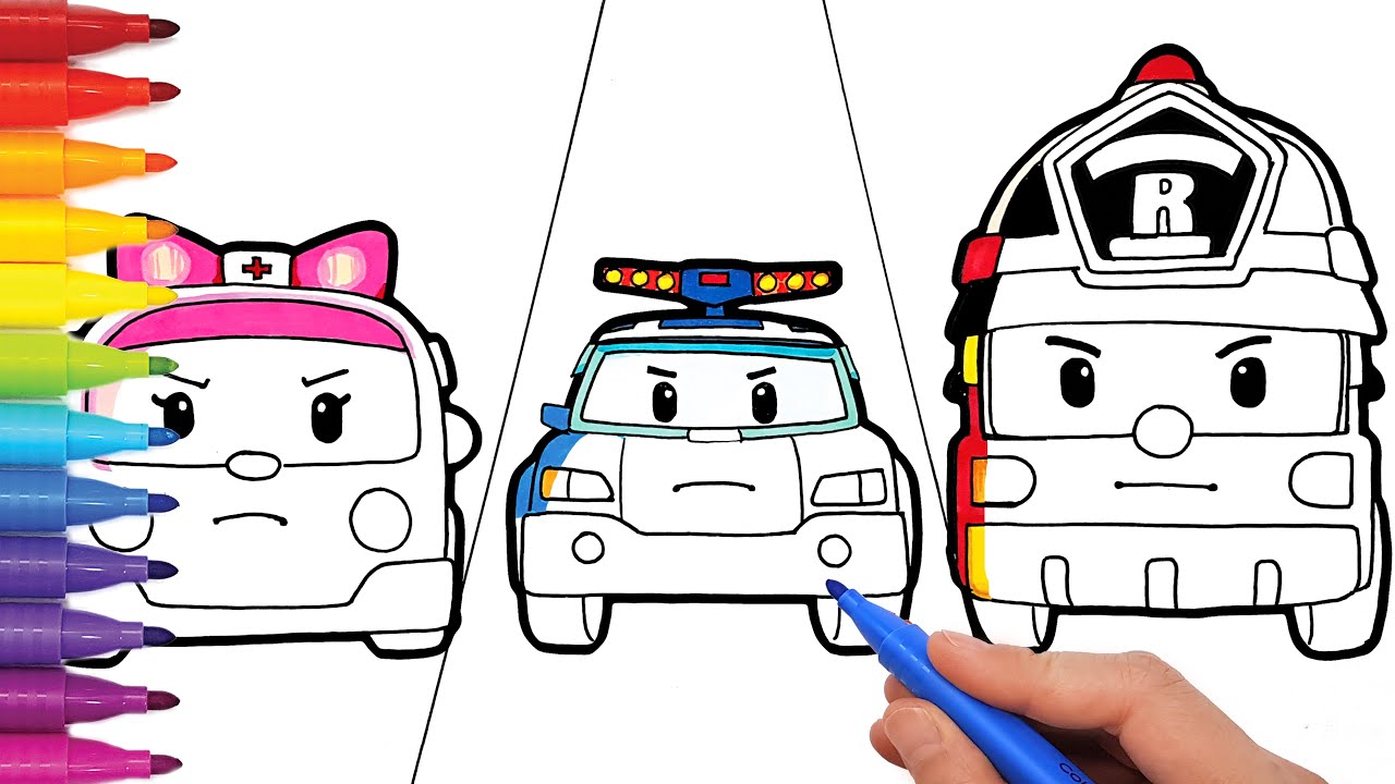 ROBOCAR POLI, AMBER and ROY Getting Ready To Go . Rescue Team Drawing and Coloring Pages Tim Tim TV